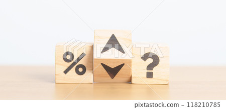 wood block of Question mark with percentage change to UP and Down arrow. Interest rate, GDP, stocks market, financial, deflation and Inflation, ranking, mortgage, debt, Loan and Economic Recession wood block of Question mark with percentage change to UP and Down arrow. Interest rate, GDP, stocks market, financial, deflation and Inflation, ranking, mortgage, debt, Loan and Economic Recession 118210785
