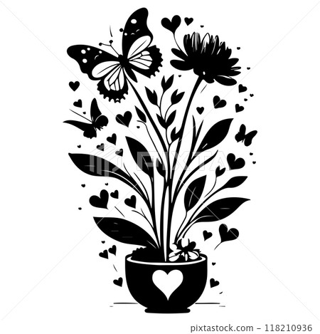 valentine pot flower love butterfly illustration sketch valentine pot flower love butterfly illustration sketch 118210936