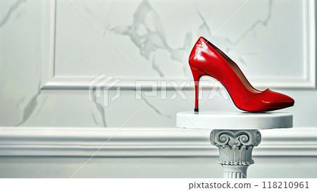 Red high heel shoe on a white pedestal with a marble background providing copy space Red high heel shoe on a white pedestal with a marble background providing copy space 118210961