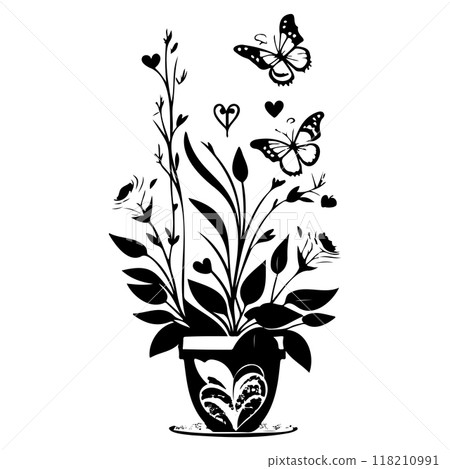 valentine pot flower love butterfly illustration sketch valentine pot flower love butterfly illustration sketch 118210991