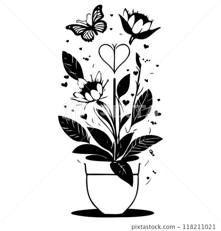 valentine pot flower love butterfly illustration sketch  118211021
