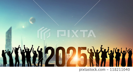 Multinational people celebrating the New Year 2025 Business image of the New Year 2025 Reiwa 7 New Year's card material 118211040