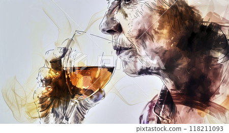 Digitally enhanced artistic illustration of a senior woman enjoying the aroma and flavor of wine while taking a sip Digitally enhanced artistic illustration of a senior woman enjoying the aroma and flavor of wine while taking a sip 118211093