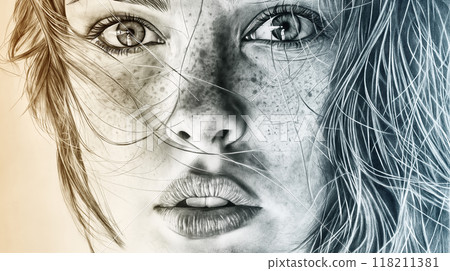 Monochrome drawing of a wind blown haired young caucasian woman with freckles 118211381