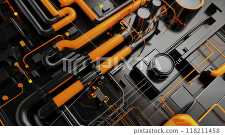 Abstract industrial background with orange and black pipes rendered in three dimensions 118211458