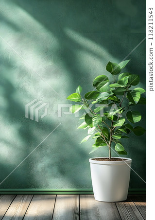A green plant in white pot on a wooden floor in... - Stock Illustration ...