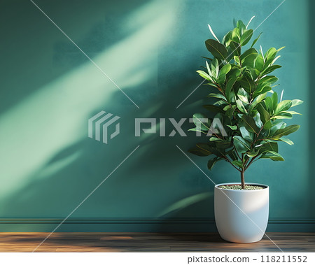 A green plant in white pot on a wooden floor in... - Stock Illustration ...