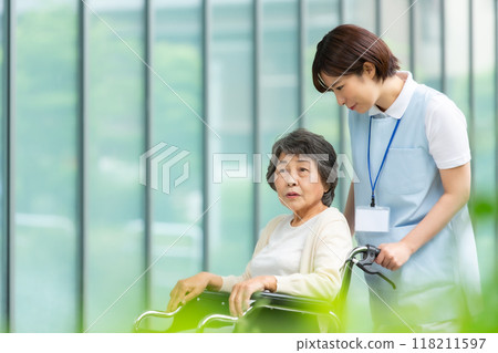 輪椅護理人員和老年婦女 118211597
