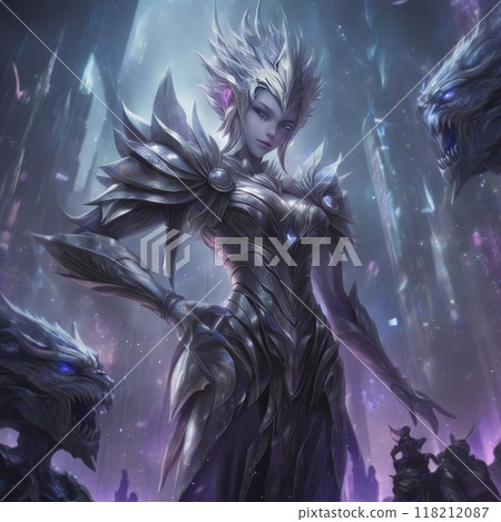 Fantasy armor-clad figure with dragon-like companions Fantasy armor-clad figure with dragon-like companions 118212087