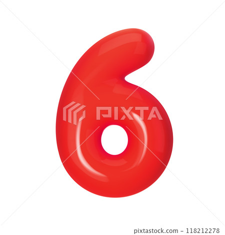 3D red number 6 isolated on white background. Three-dimensional Vector illustration digit six for holidays, birthdays and discounts. Bright and realistic design, perfect for greetings and festivities 118212278
