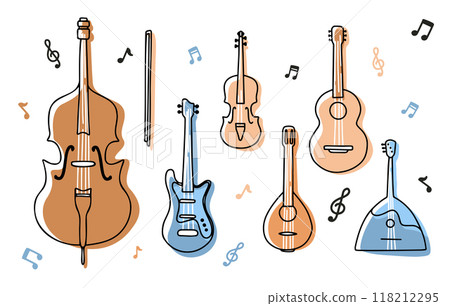 Vector Line Art Music Instruments Set in Flat Style. Guitar, Violin and Cello, Balalaika and Mandoline 118212295