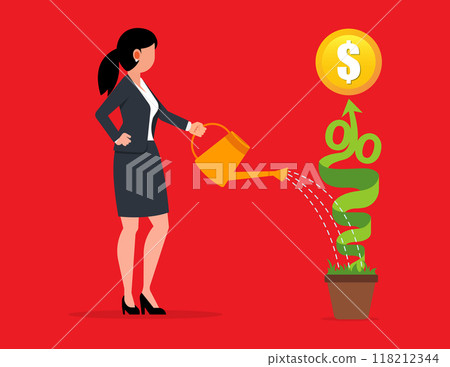 Growth or increase revenue income. business woman watering growing arrow coin plant Growth or increase revenue income. business woman watering growing arrow coin plant 118212344