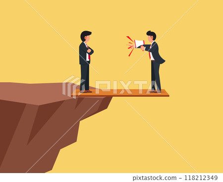 Organization conflicts. Businessman stand on wood overhanging from escarpment cliff with angry Organization conflicts. Businessman stand on wood overhanging from escarpment cliff with angry 118212349