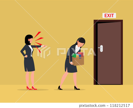 Angry boss firing employee. Business woman employer person dismissing employee pointing at the door. 118212517