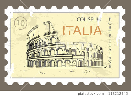 Postage stamp with the image of the Colosseum. Vector. Postage stamp with the image of the Colosseum. Vector. 118212543