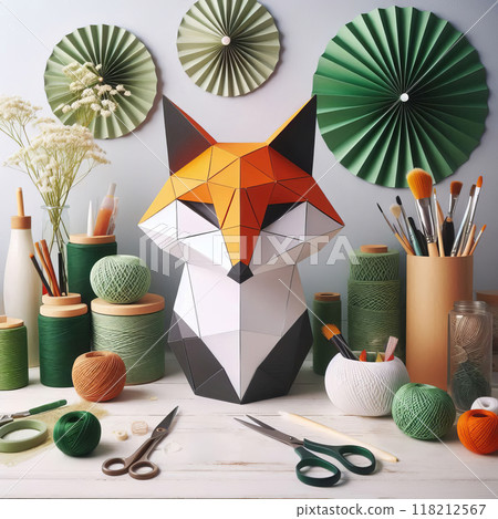 Front view of a geometric paper fox in white, orange, and black, surrounded by cylindrical containers and green yarn, showcasing vibrant, modern craft design, 118212567