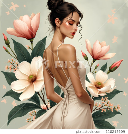 Woman in a dress holding a rose 118212609