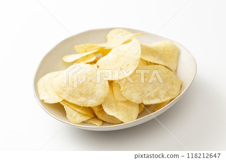 Potato chips on white background Potato chips on white background 118212647