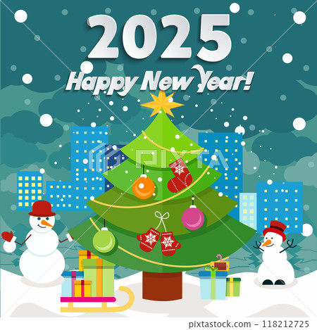 New Year poster with a cityscape background, cheerful snowmen, decorated tree, festive greetings for 2025. Ideal for New Year events, promotions, and seasonal celebrations. New Year poster with a cityscape background, cheerful snowmen, decorated tree, festive greetings for 2025. Ideal for New Year events, promotions, and seasonal celebrations. 118212725