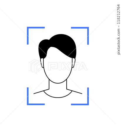 Black and blue icon representing facial recognition or biometric identification technology. Ideal for security systems, identity verification, mobile technology, and surveillance applications. 118212764
