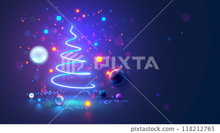 Christmas tree on Christmas poster in electronic technology style. New year, merry christmas congratulations card in computer tech design. Template Christmas cards in style of digital technology. 118212765