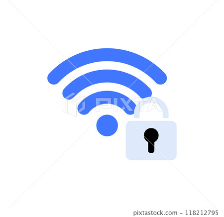 Illustration of a blue network signal with a padlock symbol, symbolizing data protection and security. Useful for topics on network security, encryption, internet safety, and wireless technology. Illustration of a blue network signal with a padlock symbol, symbolizing data protection and security. Useful for topics on network security, encryption, internet safety, and wireless technology. 118212795