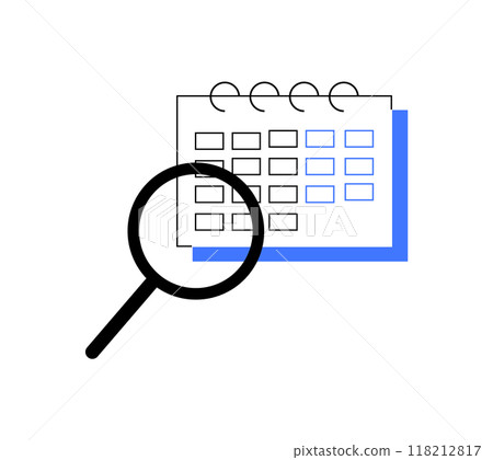 Magnifying glass over calendar, symbolizing time management, scheduling, deadlines, or productivity, ideal for organizational tools, project management, and business planning. Magnifying glass over calendar, symbolizing time management, scheduling, deadlines, or productivity, ideal for organizational tools, project management, and business planning. 118212817
