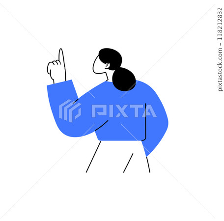 Business character pointing upward representing ideas, suggestions, guidance, and mentorship within corporate environments and business strategy visual materials. Business character pointing upward representing ideas, suggestions, guidance, and mentorship within corporate environments and business strategy visual materials. 118212832