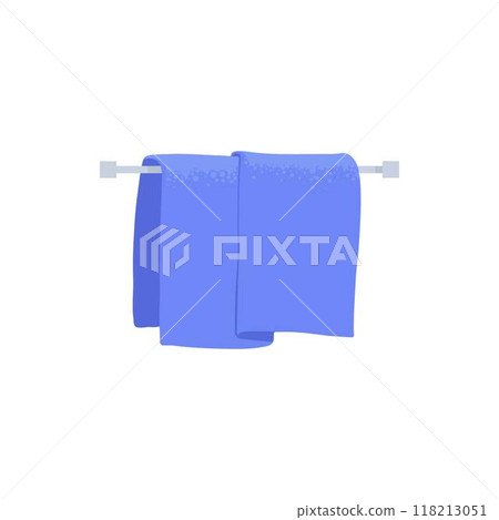 Bath towel. Cartoon fabric towel hanging on ring, rolled color cloth towel and folded towel vector illustration icon. Towel bath for hygiene, bathroom textile Bath towel. Cartoon fabric towel hanging on ring, rolled color cloth towel and folded towel vector illustration icon. Towel bath for hygiene, bathroom textile 118213051