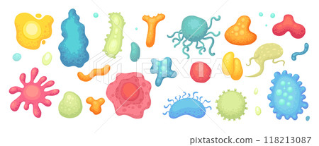 Cartoon bacterias. Biological viruses and infectious bacteria. Microbes and allergens, microbiology research icons. Human healthcare neoteric vector set 118213087