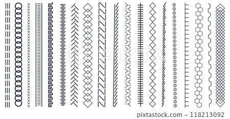 Vertical seamless stitches. Black embroidery zigzag, line and fringe border stitch patterns for textile design, sewing elements. Vector isolated set. Sewing machine endless seam, stitching dividers Vertical seamless stitches. Black embroidery zigzag, line and fringe border stitch patterns for textile design, sewing elements. Vector isolated set. Sewing machine endless seam, stitching dividers 118213092