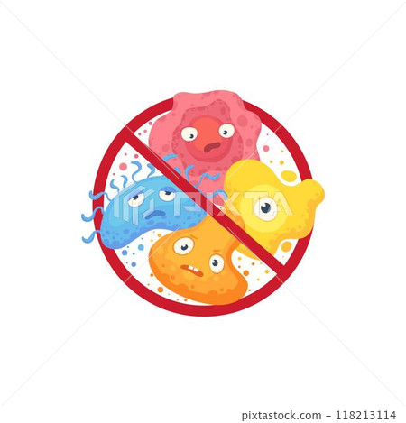 Bacteria in prohibition sign. Comic crossed out microbes and viruses, bacterial protection and disinfection caution icon cartoon vector illustration icon. Stop infection, epidemic and flu prohibition 118213114