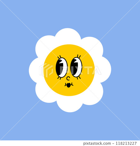 Daisy flower with cartoon funny smiling face, chamomile character. Cute camomile happy emotion. Kids logo design with daisies. Illustration of smile floral flower, bloom camomile Daisy flower with cartoon funny smiling face, chamomile character. Cute camomile happy emotion. Kids logo design with daisies. Illustration of smile floral flower, bloom camomile 118213227