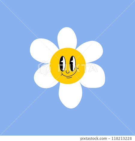 Daisy flower with cartoon funny smiling face, chamomile character. Cute camomile happy emotion. Kids logo design with daisies. Illustration of smile floral flower, bloom camomile Daisy flower with cartoon funny smiling face, chamomile character. Cute camomile happy emotion. Kids logo design with daisies. Illustration of smile floral flower, bloom camomile 118213228