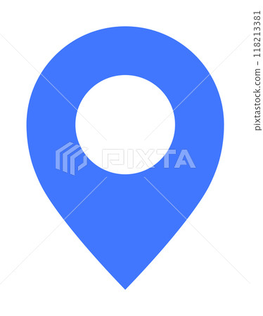 A blue map marker pin represents location with a circular hole in the center against a white background. Themes include navigation, maps, GPS, geolocation, and directions. 118213381