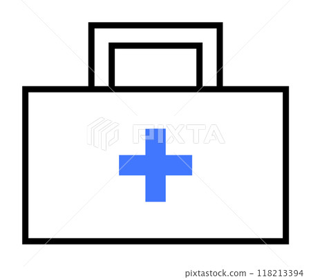 A white medical first aid kit with a blue cross symbol and a black handle. The image is a minimalist vector illustration often associated with healthcare, emergency care, and medical supplies. A white medical first aid kit with a blue cross symbol and a black handle. The image is a minimalist vector illustration often associated with healthcare, emergency care, and medical supplies. 118213394