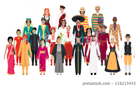 Illustration showing diverse people in colorful traditional clothing from around the world. For cultural diversity, global unity, heritage, tradition, world cultures, multiculturalism, inclusion. 118213433