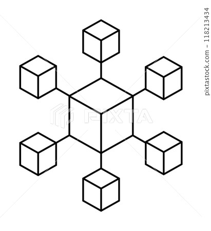 Black-and-white geometric design featuring a central cube connected to six surrounding cubes by lines. Ideal for blockchain concepts, data networks, technology frameworks, decentralized systems 118213434