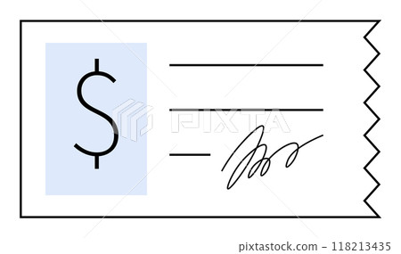 A minimalist vector image of a payment receipt, featuring a large dollar symbol, lines for details, and a signature. Ideal for financial themes, invoices, accounting, payment processing, and commerce. 118213435