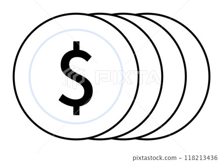 Simple design with four overlapping coins, each featuring a dollar symbol. Ideal for financial topics, banking, money management, economics, and savings. Crisp black and white vector illustration. 118213436