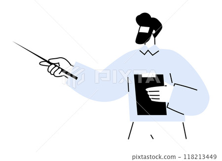 A bearded man with glasses holds a clipboard and points with a stick, dressed in office clothing. Ideal for presentations, education, offices, seminars, and business meetings. 118213449