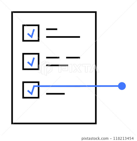 A minimalistic design shows a checklist with three checked boxes, horizontal text lines, and a connecting blue line. Ideal for to-do lists, task management, organization, planning, and productivity. A minimalistic design shows a checklist with three checked boxes, horizontal text lines, and a connecting blue line. Ideal for to-do lists, task management, organization, planning, and productivity. 118213454