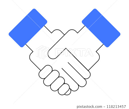A simple, vector design featuring two hands in a handshake, one with a blue sleeve. Ideal for business, teamwork, partnership, agreement, and collaboration themes. 118213457