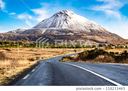 Aerial view of Mount Errigal in the winter, the highest mountain in Donegal - Ireland. 118213463