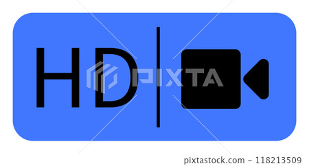 A blue rectangular background with HD text and a vertical line followed by a video camera icon in black. Represents high-definition video. Themes video quality, HD, media, technology, digital content A blue rectangular background with HD text and a vertical line followed by a video camera icon in black. Represents high-definition video. Themes video quality, HD, media, technology, digital content 118213509