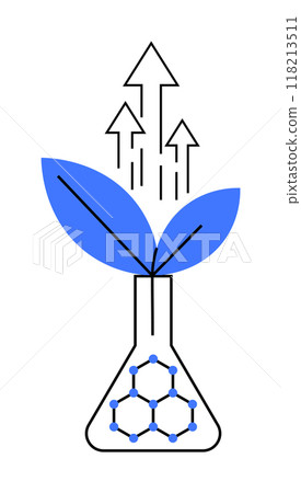 A vector image showcasing a laboratory flask containing a hexagonal structure, with blue leaves emerging from it and arrows pointing upward signifying growth. Themes include science, growth, nature A vector image showcasing a laboratory flask containing a hexagonal structure, with blue leaves emerging from it and arrows pointing upward signifying growth. Themes include science, growth, nature 118213511