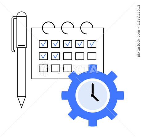A calendar with checkmarks, a pen, and a blue gear with a clock illustrate themes of organization, planning, productivity, and time management. A calendar with checkmarks, a pen, and a blue gear with a clock illustrate themes of organization, planning, productivity, and time management. 118213512