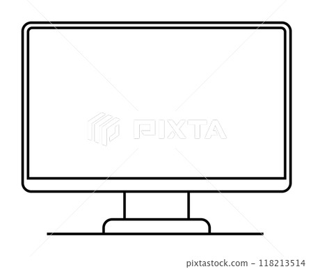 A simple black-and-white outline of a computer monitor with a rectangular screen on a stand. Ideal for technology, electronics, office, digital workspaces, and home offices. 118213514