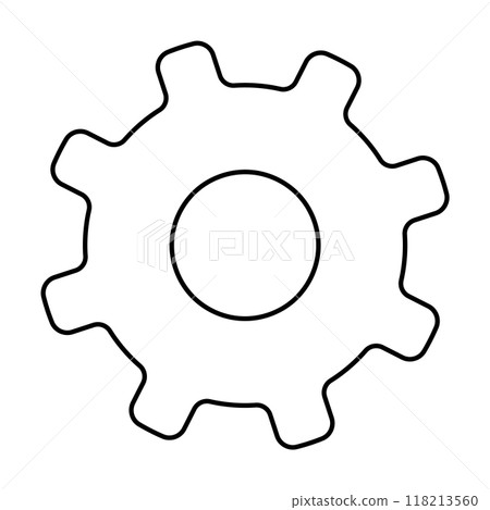 A simple, black and white outlined gear with eight teeth. Ideal for mechanical engineering, machine components, technology, user interfaces, and technical diagrams. Perfect for illustrating mechanics 118213560