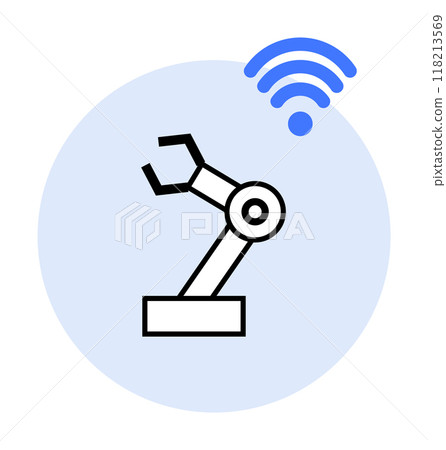 A robotic arm within a circular light blue background and a blue wireless connection signal symbol. Themes include automation, technology, wireless connectivity, robotics, and innovation. 118213569